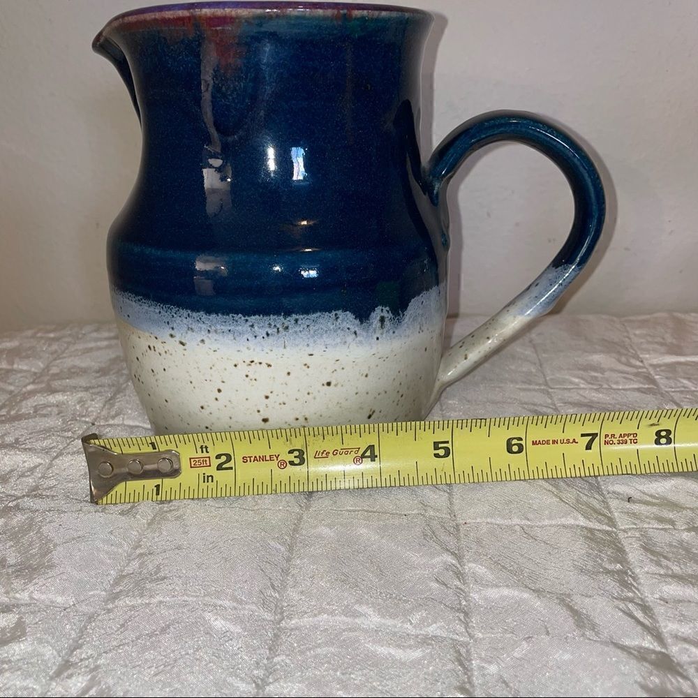 HANDMADE RUSTIC POTTERY pitcher in violets-off white - Picture 2 of 9